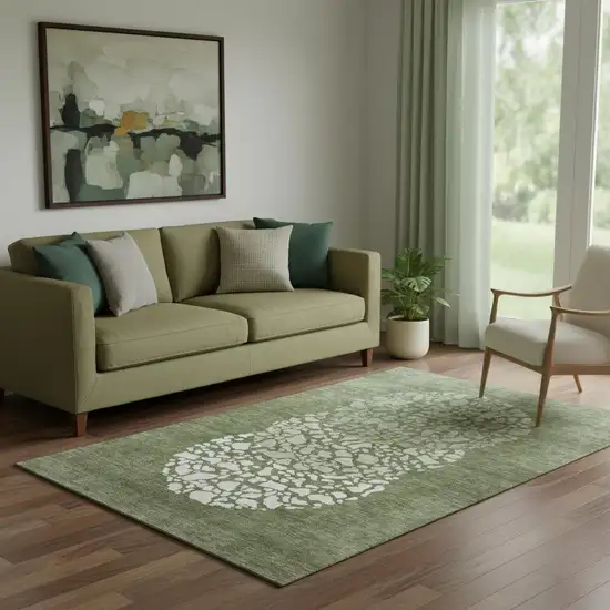 Olive Green And Ivory Abstract Washable Area Rug With UV Protection Photo 1