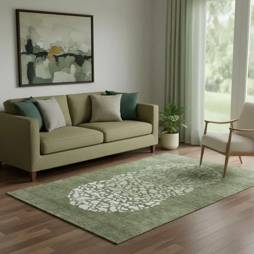 Olive Green And Ivory Abstract Washable Area Rug With UV Protection Photo 1