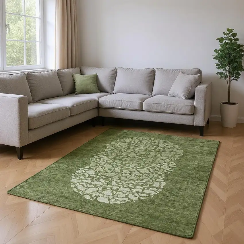 Olive Green And Ivory Abstract Washable Area Rug With UV Protection Photo 2