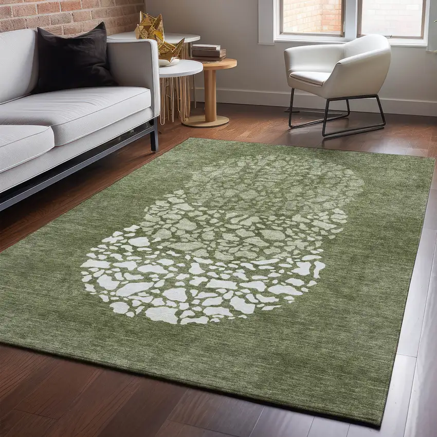 Olive Green And Ivory Abstract Washable Area Rug With UV Protection Photo 4