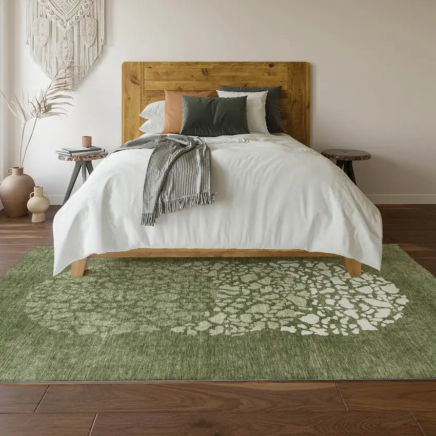 Olive Green And Ivory Abstract Washable Area Rug With UV Protection Photo 5