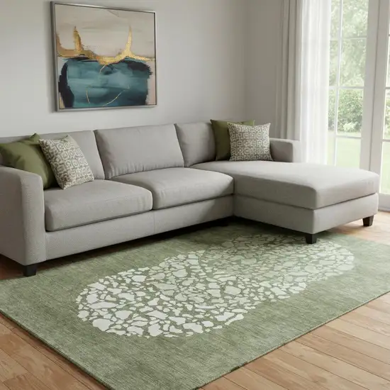 Olive Green And Ivory Abstract Washable Area Rug With UV Protection Photo 1