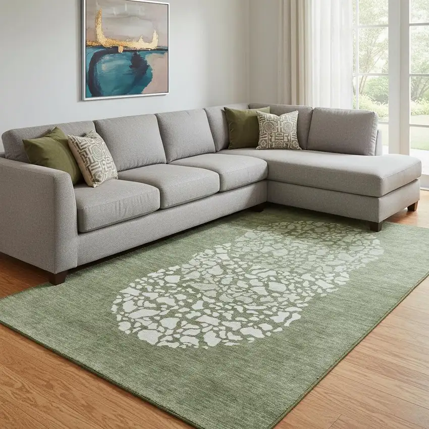 Olive Green And Ivory Abstract Washable Area Rug With UV Protection Photo 1