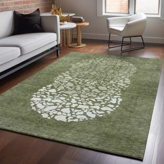 Olive Green And Ivory Abstract Washable Area Rug With UV Protection Photo 3