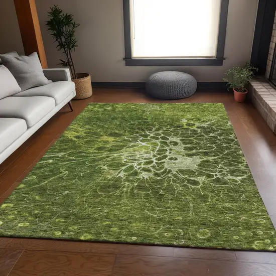 Olive Green And Ivory Abstract Washable Area Rug With UV Protection Photo 3