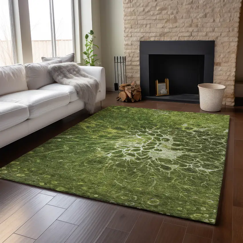 Olive Green And Ivory Abstract Washable Area Rug With UV Protection Photo 4