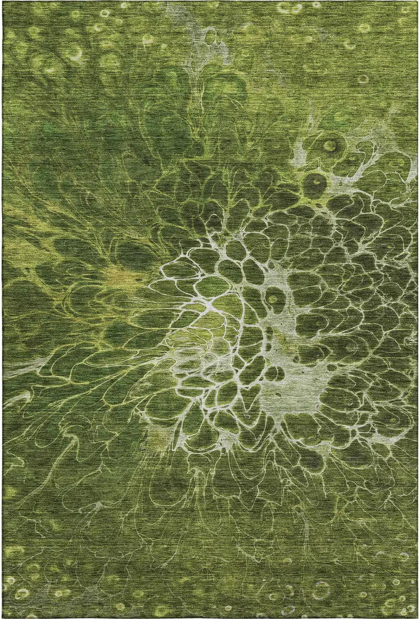 Olive Green And Ivory Abstract Washable Area Rug With UV Protection Photo 1