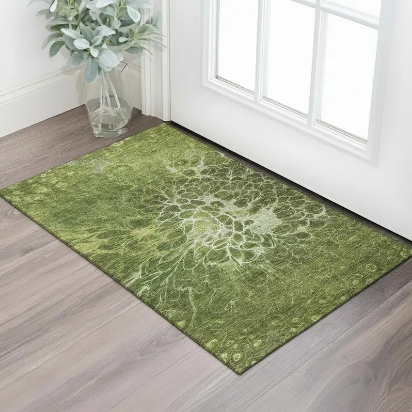 Olive Green And Ivory Abstract Washable Area Rug With UV Protection Photo 1