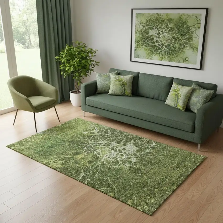 Olive Green And Ivory Abstract Washable Area Rug With UV Protection Photo 1