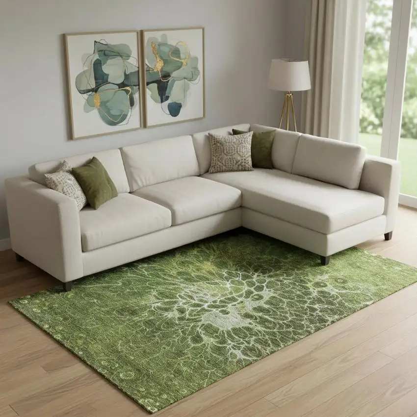 Olive Green And Ivory Abstract Washable Area Rug With UV Protection Photo 1