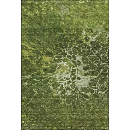 Olive Green And Ivory Abstract Washable Area Rug With UV Protection Photo 1