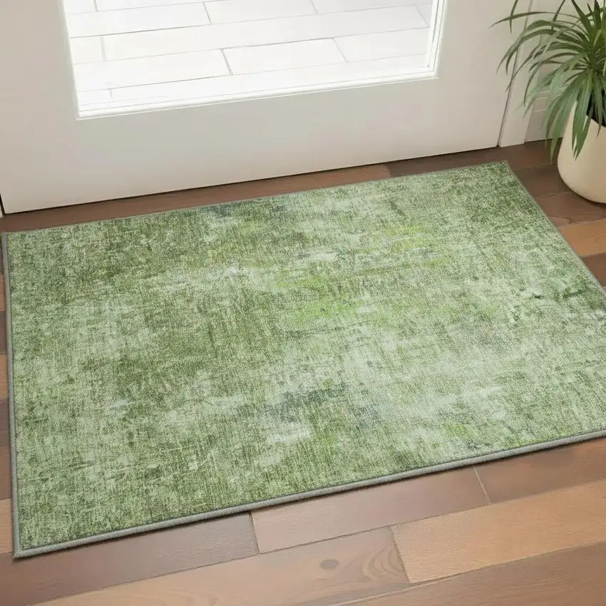 Olive Green And Ivory Abstract Washable Area Rug With UV Protection Photo 2