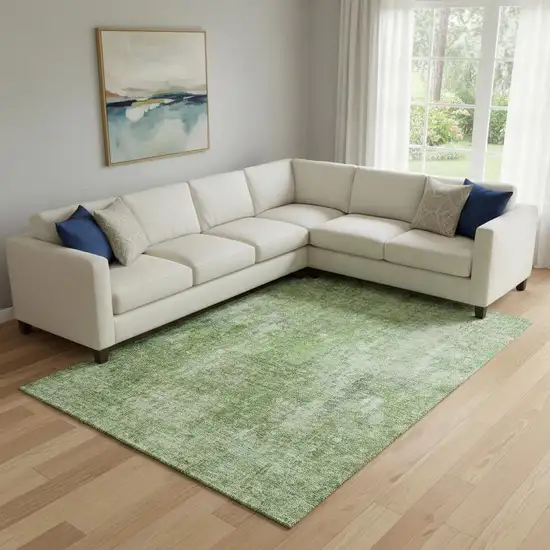 Olive Green And Ivory Abstract Washable Area Rug With UV Protection Photo 1