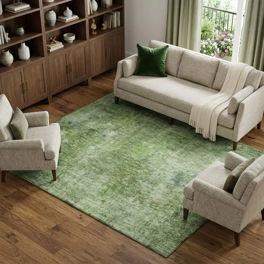 Olive Green And Ivory Abstract Washable Area Rug With UV Protection Photo 1