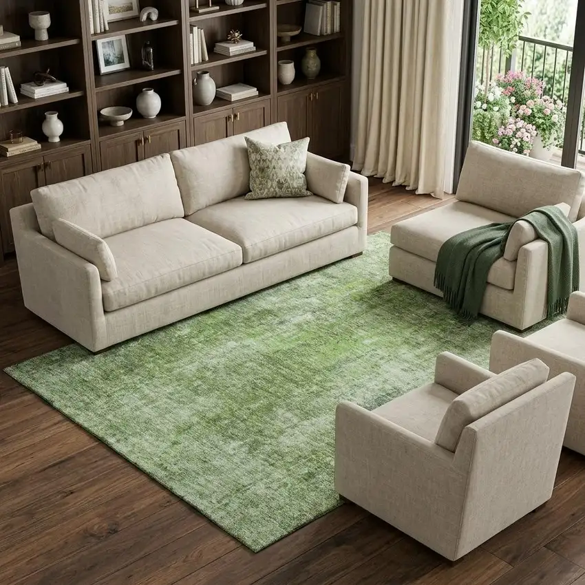 Olive Green And Ivory Abstract Washable Area Rug With UV Protection Photo 1