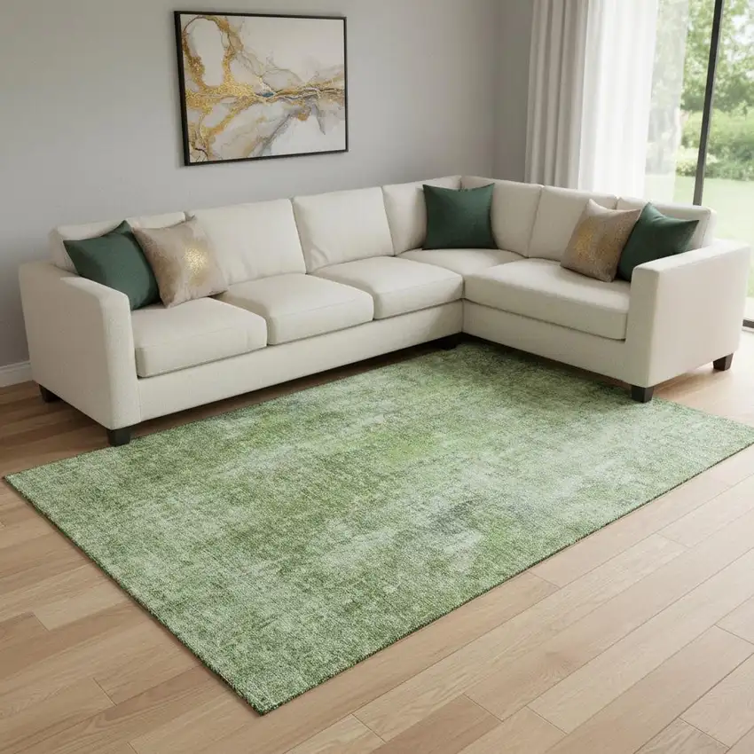 Olive Green And Ivory Abstract Washable Area Rug With UV Protection Photo 1