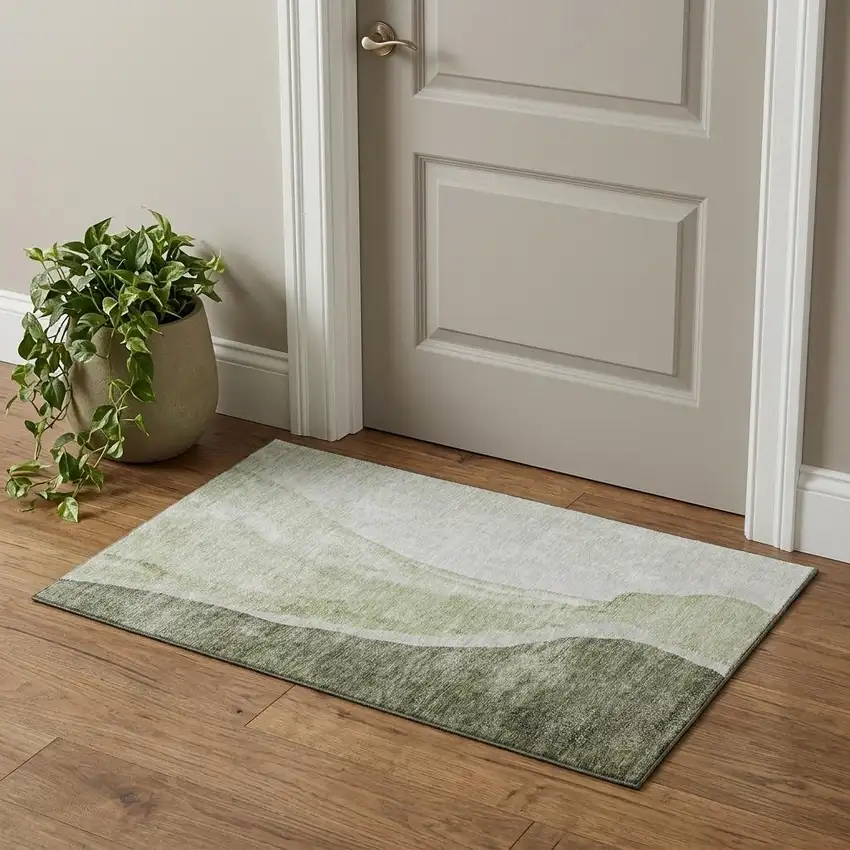 Olive Green And Ivory Abstract Washable Area Rug With UV Protection Photo 1