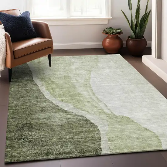 Olive Green And Ivory Abstract Washable Area Rug With UV Protection Photo 6