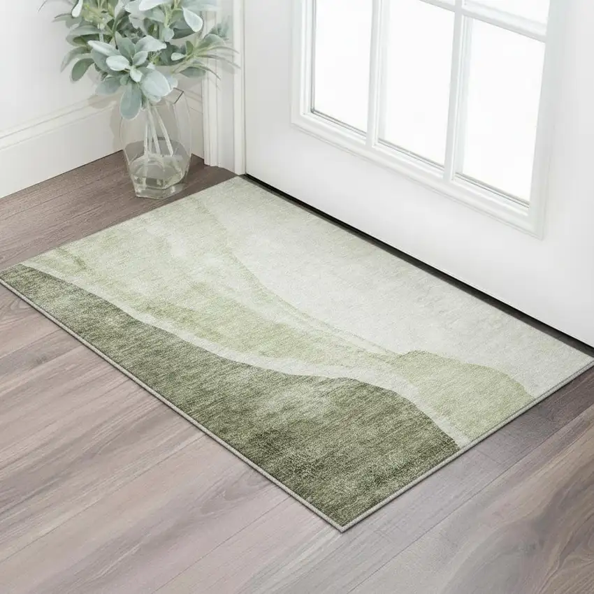Olive Green And Ivory Abstract Washable Area Rug With UV Protection Photo 2