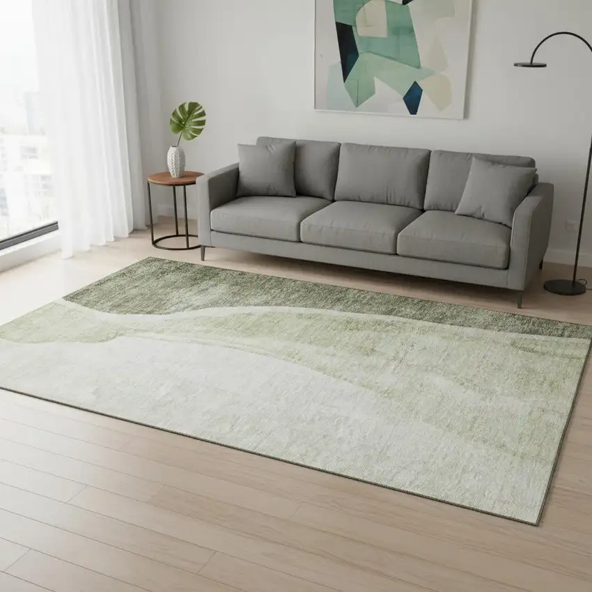 Olive Green And Ivory Abstract Washable Area Rug With UV Protection Photo 1