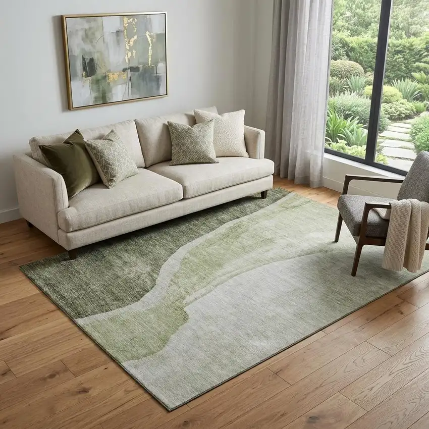 Olive Green And Ivory Abstract Washable Area Rug With UV Protection Photo 1