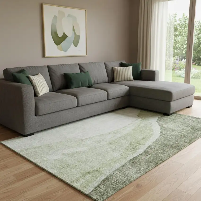 Olive Green And Ivory Abstract Washable Area Rug With UV Protection Photo 1