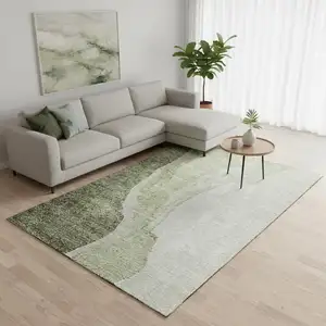 Photo of Olive Green And Ivory Abstract Washable Area Rug With UV Protection