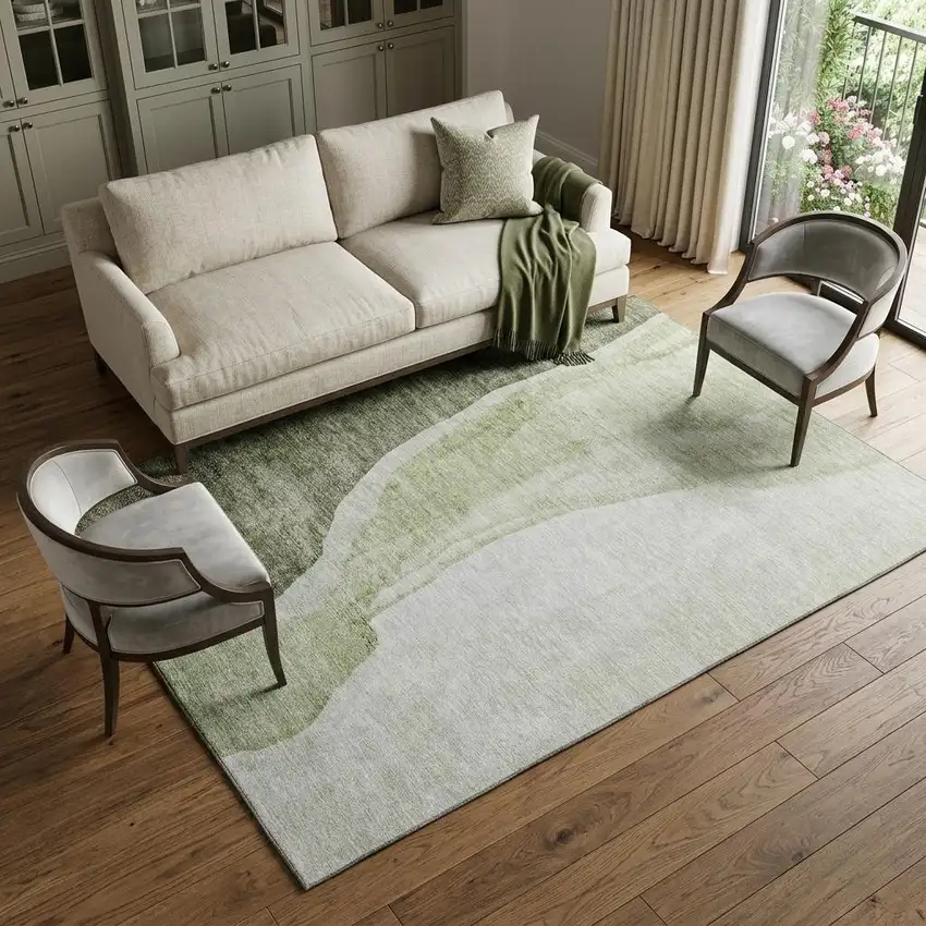 Olive Green And Ivory Abstract Washable Area Rug With UV Protection Photo 1