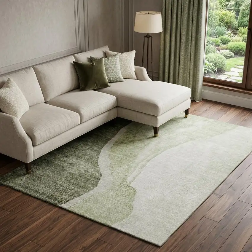 Olive Green And Ivory Abstract Washable Area Rug With UV Protection Photo 1