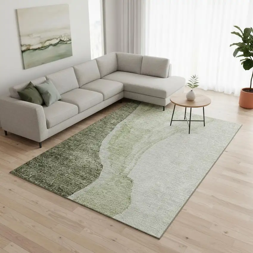 Olive Green And Ivory Abstract Washable Area Rug With UV Protection Photo 1