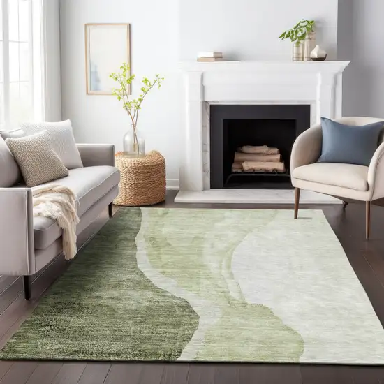 Olive Green And Ivory Abstract Washable Area Rug With UV Protection Photo 4