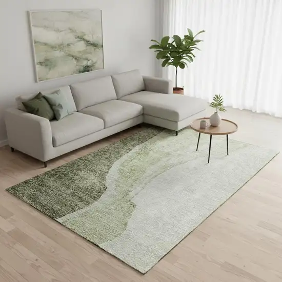 Olive Green And Ivory Abstract Washable Area Rug With UV Protection Photo 1