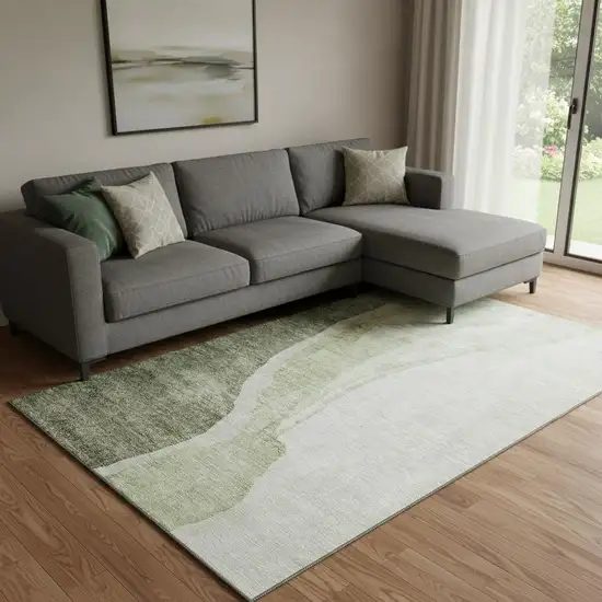 Olive Green And Ivory Abstract Washable Area Rug With UV Protection Photo 1