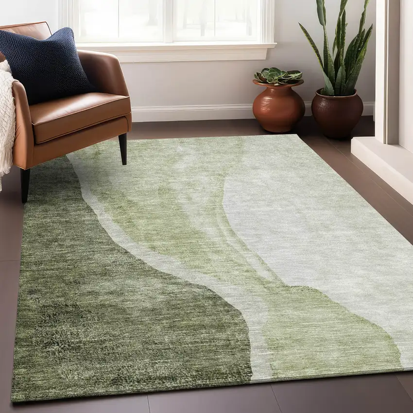 Olive Green And Ivory Abstract Washable Area Rug With UV Protection Photo 5