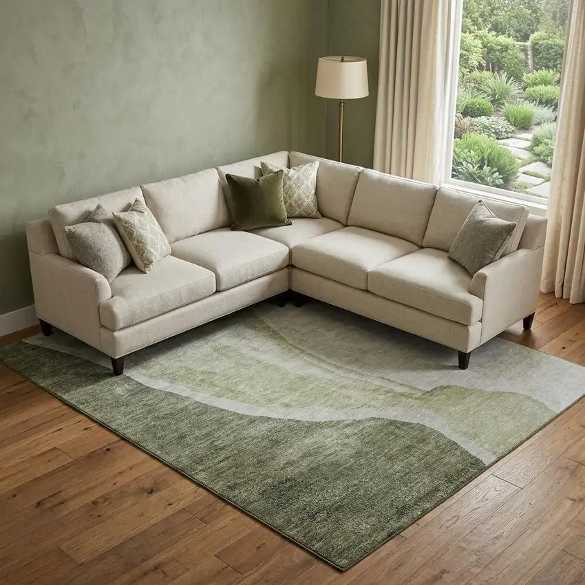 Olive Green And Ivory Abstract Washable Area Rug With UV Protection Photo 1