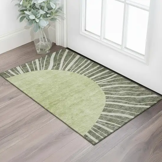 Olive Green And Ivory Abstract Washable Area Rug With UV Protection Photo 1