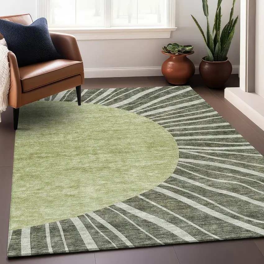 Olive Green And Ivory Abstract Washable Area Rug With UV Protection Photo 6