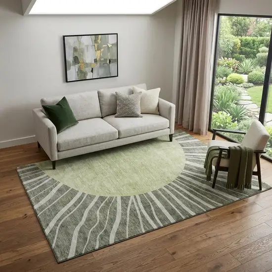 Olive Green And Ivory Abstract Washable Area Rug With UV Protection Photo 1