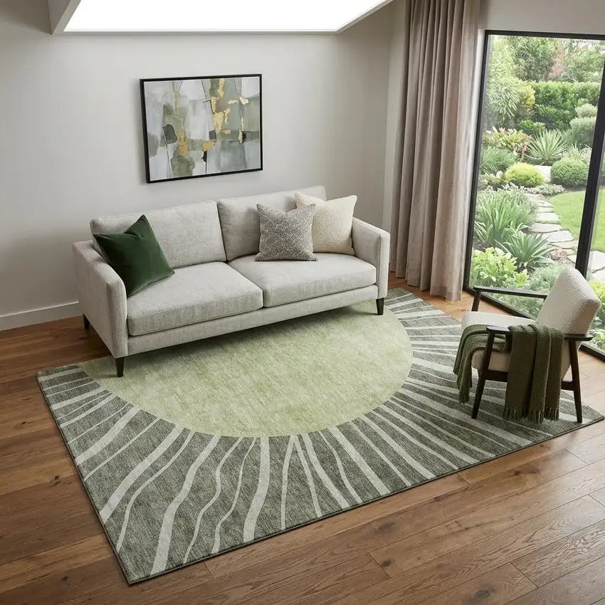Olive Green And Ivory Abstract Washable Area Rug With UV Protection Photo 1