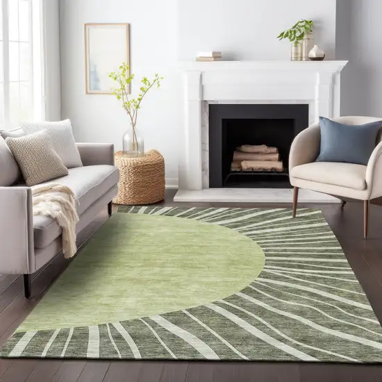 Olive Green And Ivory Abstract Washable Area Rug With UV Protection Photo 5