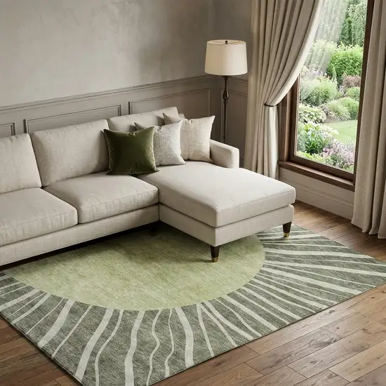 Olive Green And Ivory Abstract Washable Area Rug With UV Protection Photo 1