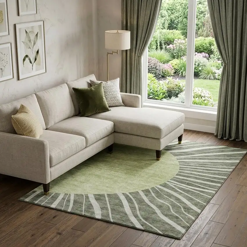 Olive Green And Ivory Abstract Washable Area Rug With UV Protection Photo 1