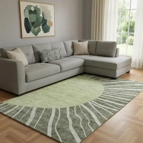 Olive Green And Ivory Abstract Washable Area Rug With UV Protection Photo 1