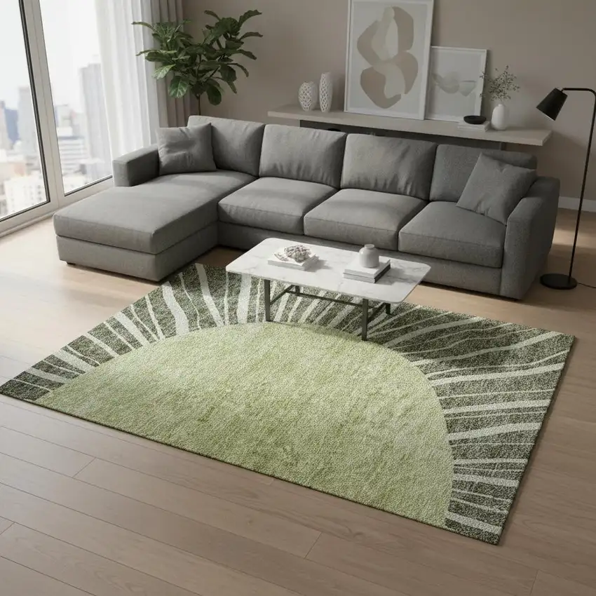 Olive Green And Ivory Abstract Washable Area Rug With UV Protection Photo 1