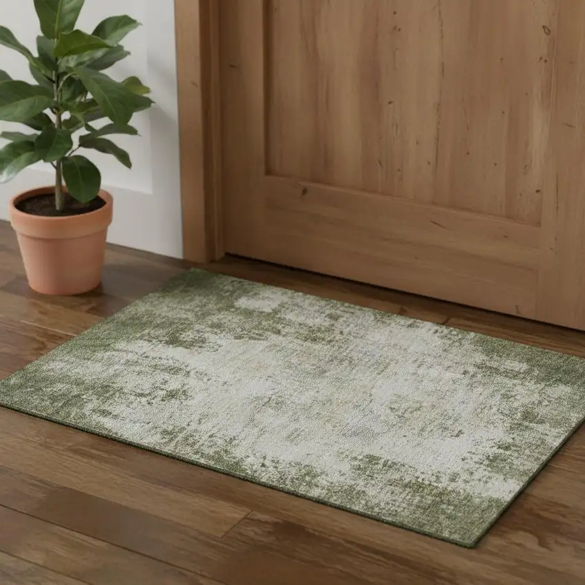 Olive Green And Ivory Abstract Washable Area Rug With UV Protection Photo 2