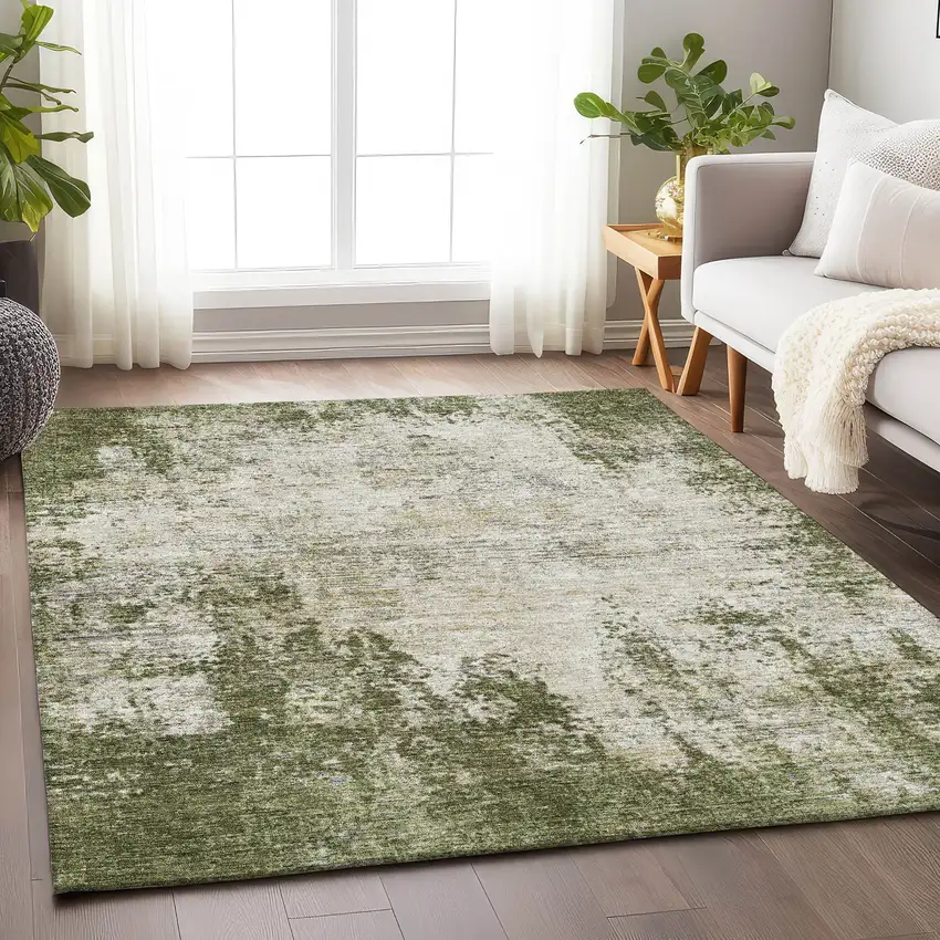 Olive Green And Ivory Abstract Washable Area Rug With UV Protection Photo 2