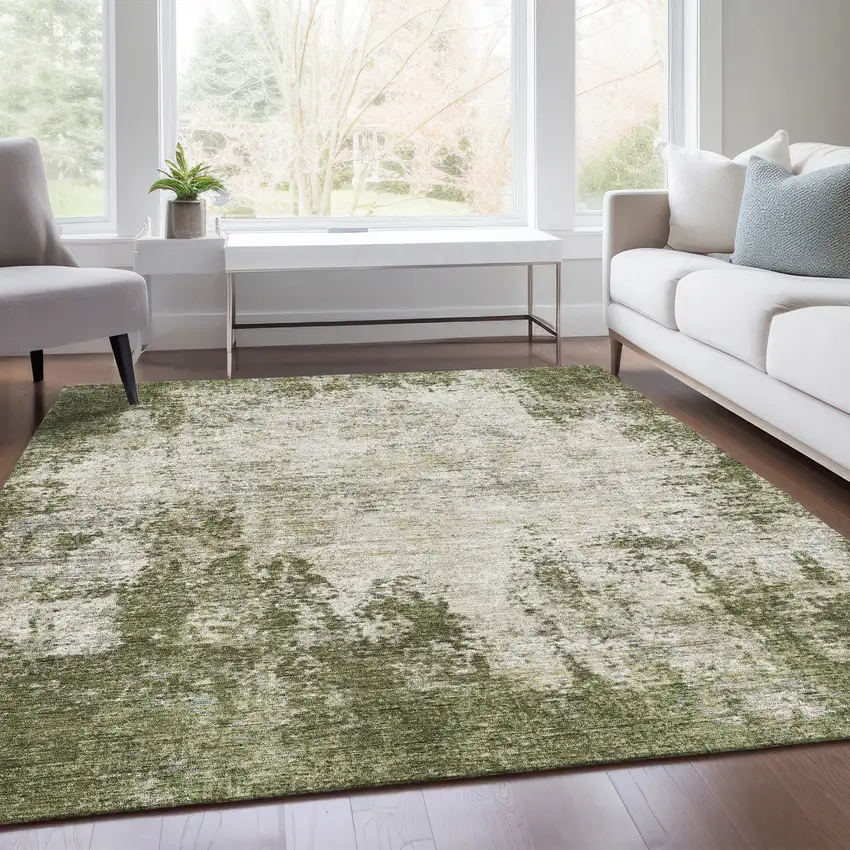 Olive Green And Ivory Abstract Washable Area Rug With UV Protection Photo 3