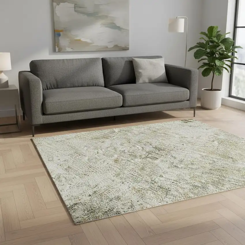 Olive Green And Ivory Abstract Washable Area Rug With UV Protection Photo 2