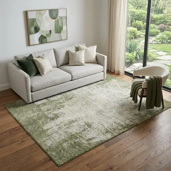 Olive Green And Ivory Abstract Washable Area Rug With UV Protection Photo 1