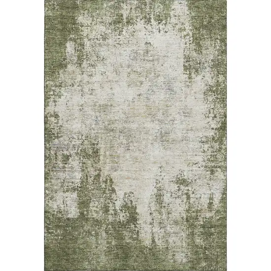 Olive Green And Ivory Abstract Washable Area Rug With UV Protection Photo 4